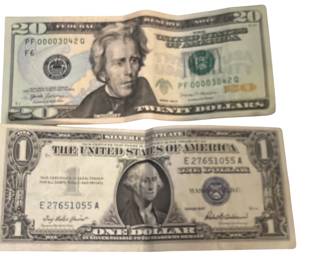 $20 Low # 3042 & $1 Silver Certificate