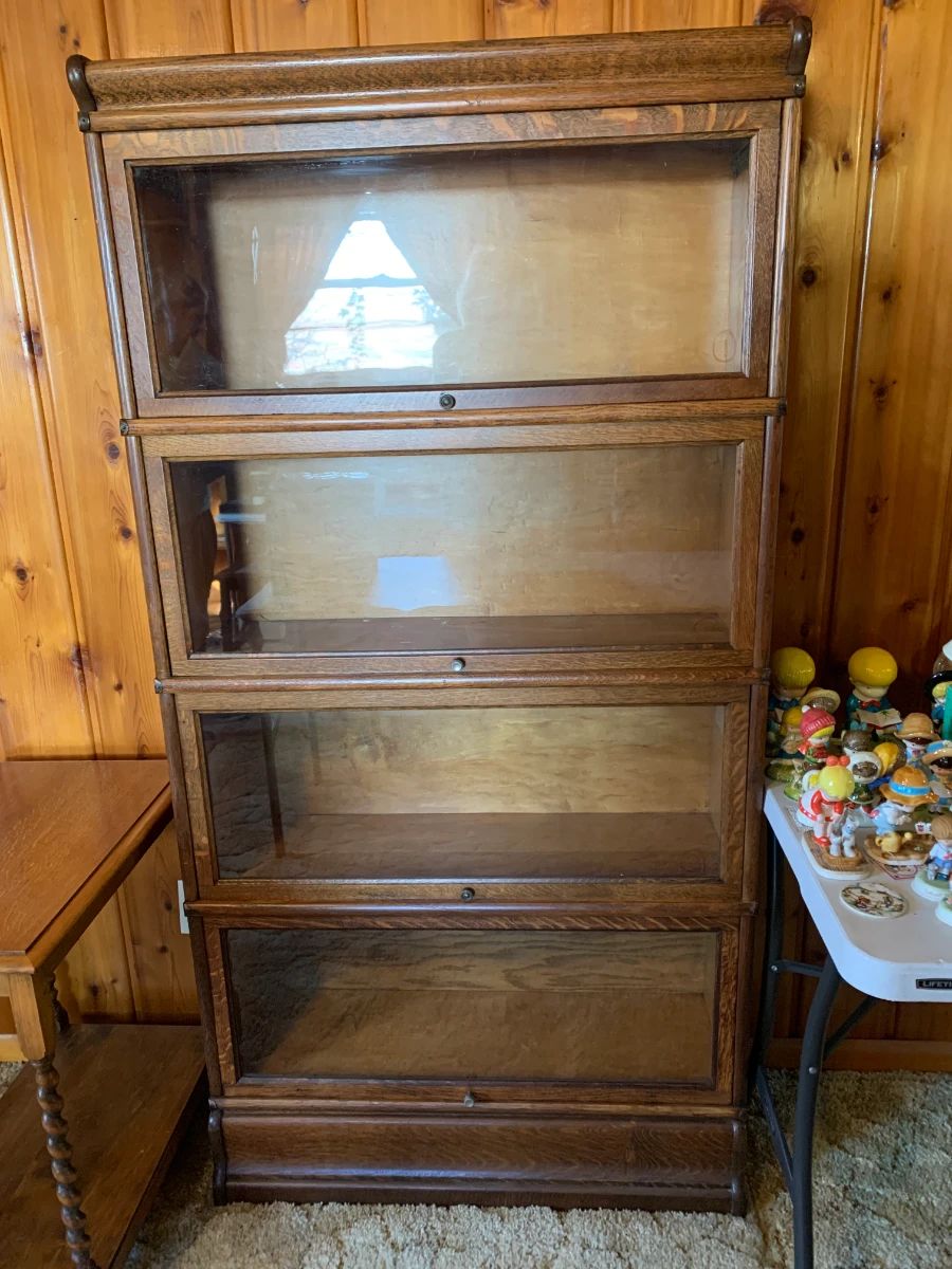 #001	Oak 4 Layer Barrister Bookcase w/glass Doors - All Slide Well - 34x11x66 - The Globe-Wernicke Co. Cincinnati 	 $550.00  - Globe Wernicke Co. 