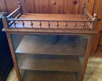 #005	Oak 3 Shelf Display Case - True Antique w/Wood Back And Back Entry to Cabinet w/Wood Decorative Rail on Top - made by the Nauman Co. - Waterloo, Iowa	 $125.00 