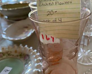 #169	Pink Depression 5.5" Water Glasses etched Flowers - set of 4	 $20.00 
