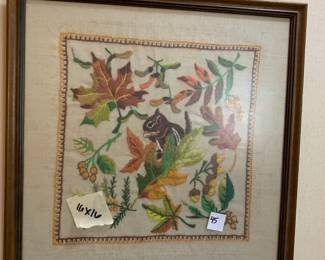 #088	Crewel Embroidery of Squirrel and Fall Leaves - 16x16 - Framed	 $45.00 