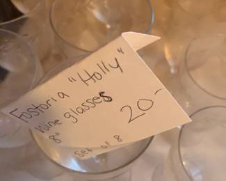 #123	Fostoria Holly Wine Glasses 8" Set of 8	 $20.00  #124	Fostoria Holly Wine Glasses 8" Set of 8	 $20.00 