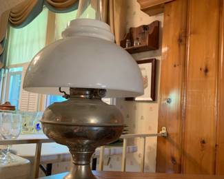 #023	Brass Vintage Oil Lamp w/Glass Shade - 21" Tall	 $35.00 