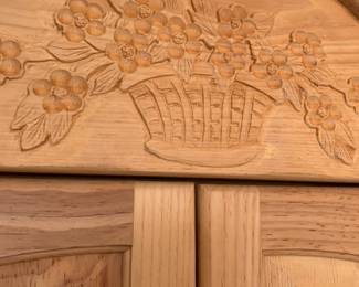 #117	Pine Armoire w/2 drawers and 4 shelves w/carvings- 50x21x79 - Upstairs you move	 $75.00 