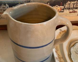 #126	Vintage Farmhouse Style Beige w/blue stripes Glazed Pitcher - 9" Tall	 $20.00 