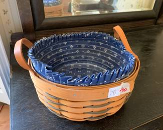 #100	Longaberger Round Basket 1996 w/Blue Liner and Plastic Liner w/Leather Double Handle	 $28.00 