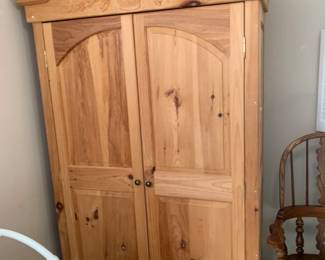 #117	Pine Armoire w/2 drawers and 4 shelves w/carvings- 50x21x79 - Upstairs you move	 $75.00 