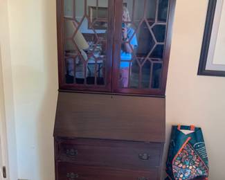 #071	Wood Secretary Mahogany w/2 glass Doors and flip-down  desk w/3 drawers - 28x16-27x78 - single piece	 $125.00 