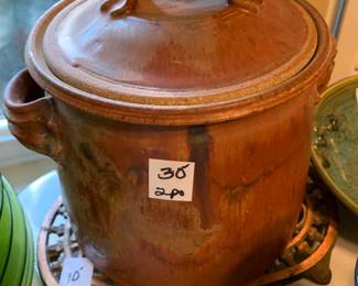 #190	Stoneware Pottery 2 handled Bean Pot w/lid  - signed	 $30.00 