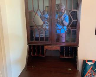#071	Wood Secretary Mahogany w/2 glass Doors and flip-down  desk w/3 drawers - 28x16-27x78 - single piece	 $125.00 
