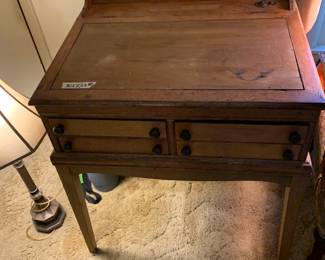 #051	Wood Primitive Desk w/flip-up Top w/ink well and Pencil Holder w/4 drawers - 30x22x30	 $250.00 