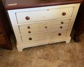 #064	Cream Painted 3 drawer chest of drawers w/wood top - 31x17x27	 $75.00 