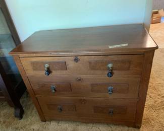#066	Wood 3 drawer Hand-Dovetailed Chest of Drawers - 38x18x31 w/burl Wood Front on Drawers	 $225.00 