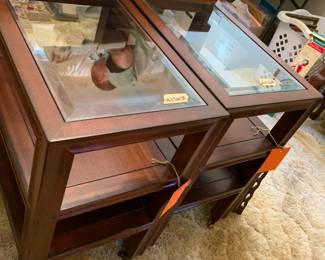 #077	Dark End Tables w/Beveled Glass Top and 1 shelf on wheels - 14x20x25 - sold as a pair	 $60.00 