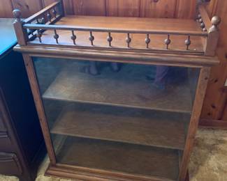 #005	Oak 3 Shelf Display Case - True Antique w/Wood Back And Back Entry to Cabinet w/Wood Decorative Rail on Top - made by the Nauman Co. - Waterloo, Iowa	 $125.00 