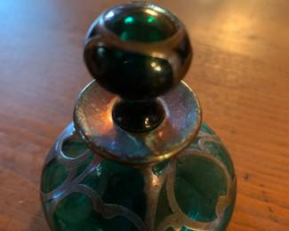 #184	Art Noveau Teal/Green w/sterling silver overlay Perfume Bottle - 2 75" Tall	 $80.00 