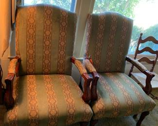 #052	Set of 2 Fabric Covered wood Chairs w/wood Arms and Legs 	 $60.00 