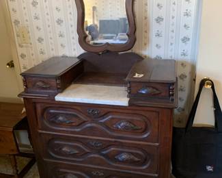 #093	Antique 5 Drawer Dresser w/Divided Top  and Middle Drawer w/Metal Dividers w/Mirror w/5 Drawers - 37x18x65 w/marble top (crack in top drawers)	 $175.00 