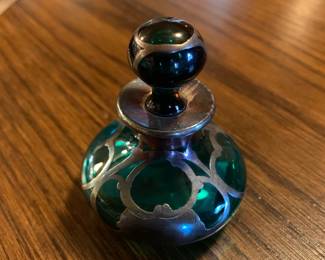 #184	Art Noveau Teal/Green w/sterling silver overlay Perfume Bottle - 2 75" Tall	 $80.00 