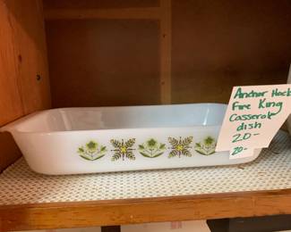 #176	Anchor Hocking FireKing Casserole Dish w/Green Flower	 $20.00 