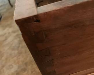 #066	Wood 3 drawer Hand-Dovetailed Chest of Drawers - 38x18x31 w/burl Wood Front on Drawers	 $225.00 