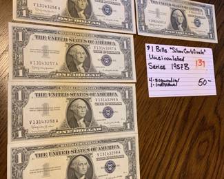 #139	$1 Bills "Silver Certificate" Uncirculated Series 1957B - 4 sequential - 1 individual	 $50.00 