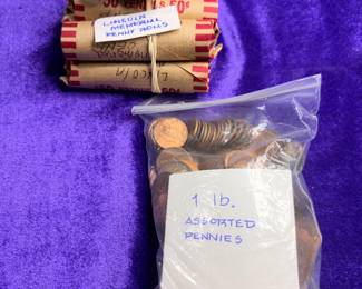 Collection of pennies, including two rolls of 2025 the last of the pennies 