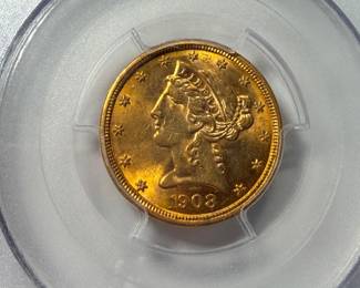 1908 Philadelphia gold five dollar coin very beautiful