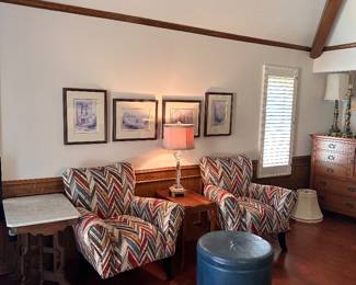 Chairs, tables, ottoman with storage, antique table with marble top