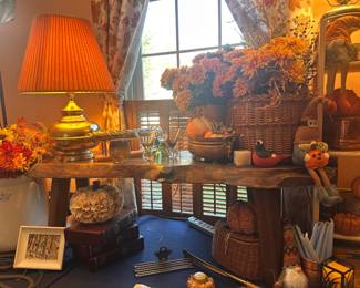 Raw Edge Wooden Coffee Table, Baskets, Fall Decor