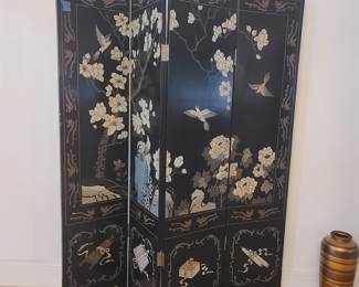 Antique Hand Painted Black lacquared panel screen/room divider