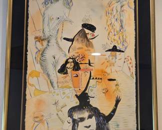 This artwork appears to be a hand-colored color lithograph titled "Los contrabandistas" (The Smugglers) from the Carmen opera suite by the Spanish surrealist artist Salvador Dalí, published around 1970.