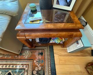 Wood and glass -2 matching end tables, coffee table