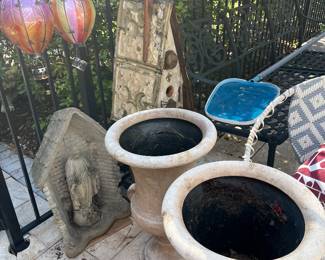 FLOWER POTS - PAIR ARE RESIN, CONCRETE MARY & OTHER ITEMS