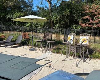 HIGHTOP TABLE & 4 CHAIRS, UMBRELLA, LOUNGERS