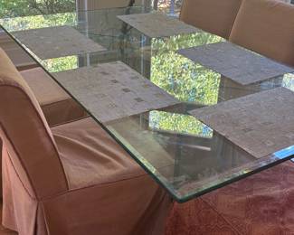 GLASS TOP TABLE AND 6 PARSON CHAIRS