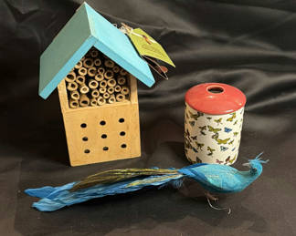 Lot 156: Ceramic Butterfly Container, Bee Habitat, and Decorative Blue Bird