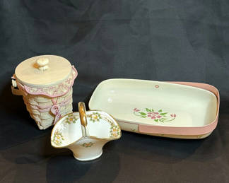 Lot 112: Vintage Dresser Items - Longaberger Basket, Nippon Porcelain Basket and Teleflora Dish