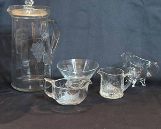 Lot 113: Vintage Clear Etched Glass Pitcher and Various Serving Pieces