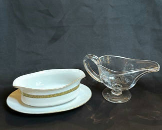 Lot 114: Vintage Porcelain Gravy Boat with Underplate and Glass Sauce Server