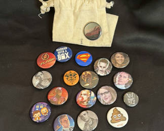 Lot 146: Collection of Character Pinback Buttons with Drawstring Pouch