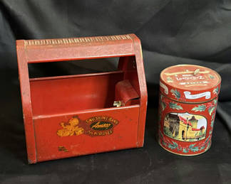 Lot 143: Vintage Metal Shoe Shine Bank and Lambertz Cookie Tin