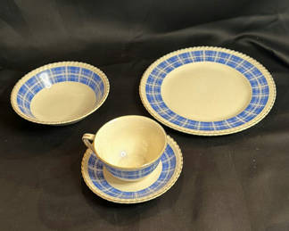 Lot 167: Johnson Bros England Blue Plaid Dinner Place Settings (4)