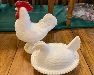 Vintage Milk Glass Rooster and Hen