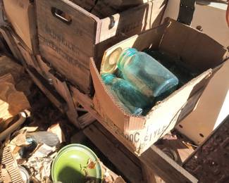 Wooden apple box and blue jars
