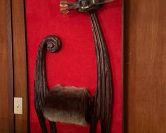 Mid-Century carved cedar cat wall sculpture 
