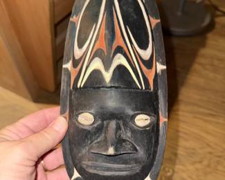 VTG carved wooden tribal mask with cowrie shell eyes 