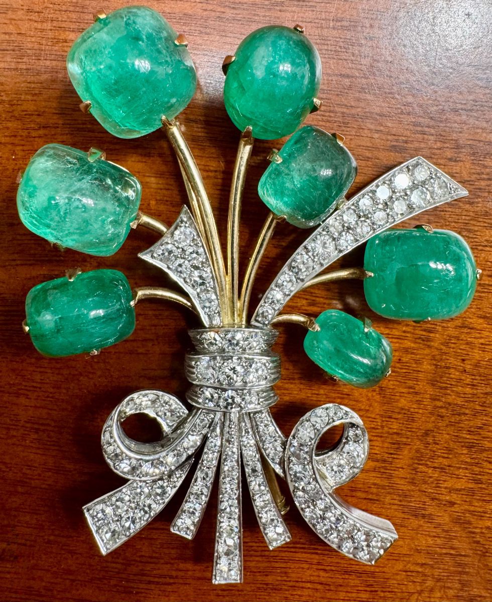 Diamond & Cabochon Emerald Brooch