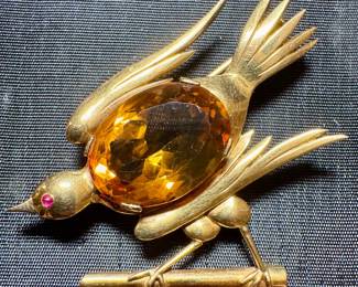 Gold & Citrine Bird Pin