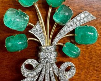 Diamond & Cabochon Emerald Brooch